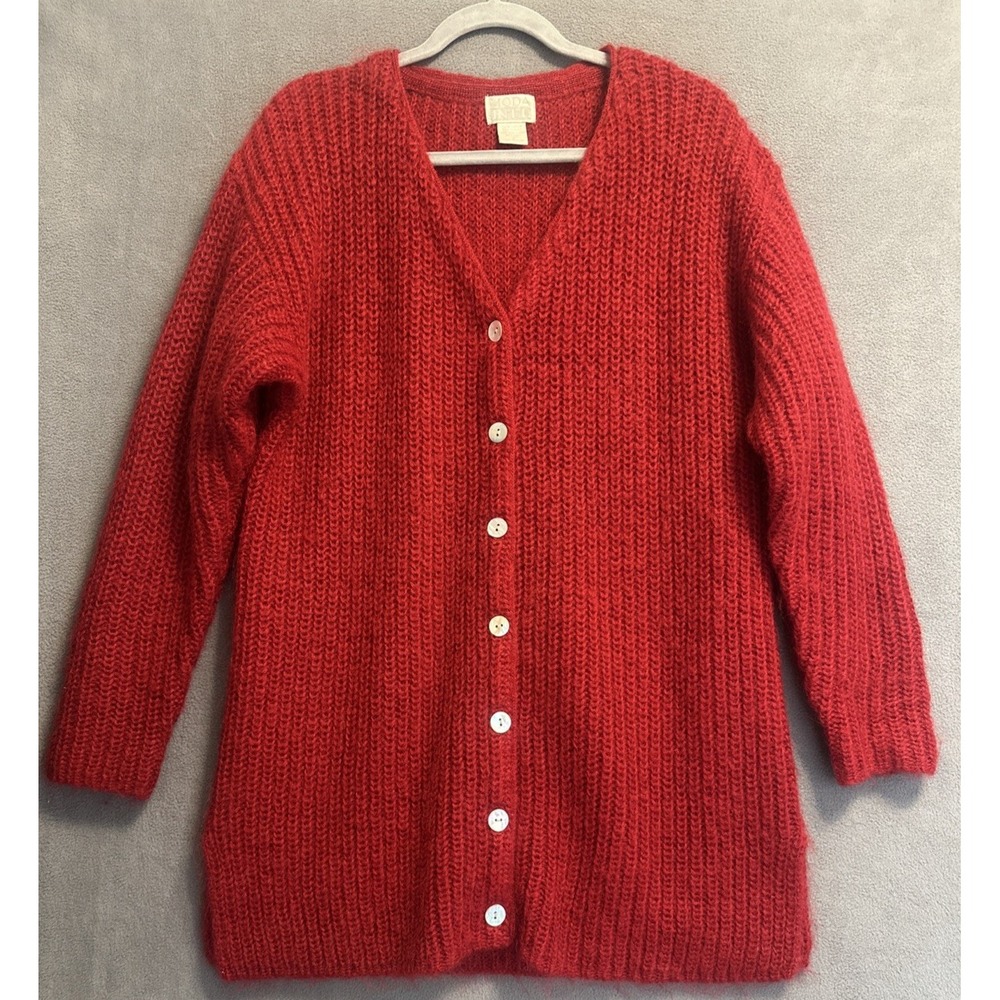 VTG 80s Moda Int'l Mohair Blend Long Knit Cardigan Button Up Womens Size S Red
